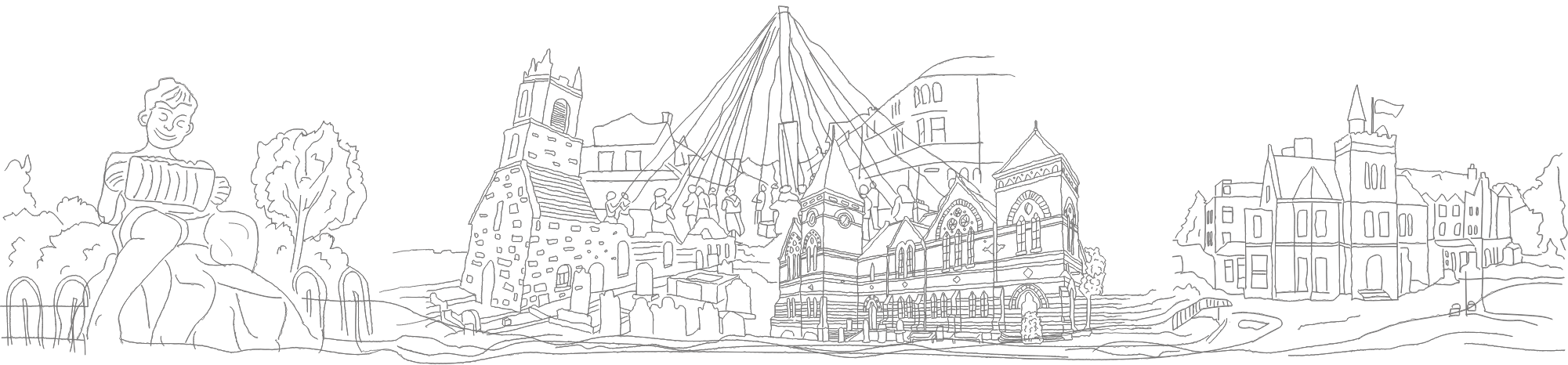 A handdrawn-style illustration depicting landmarks from Holywood in Northern Ireland